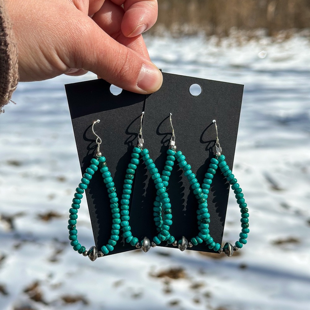 Kingman Turquoise Beaded Hoop Dangle Earrings